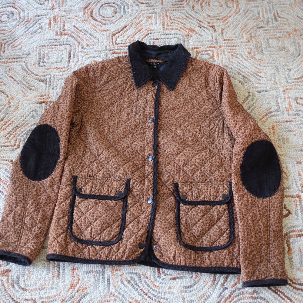 Topshop Women's Quilted Button Up Jacket Size US 8 Elbow Patches Animal Print